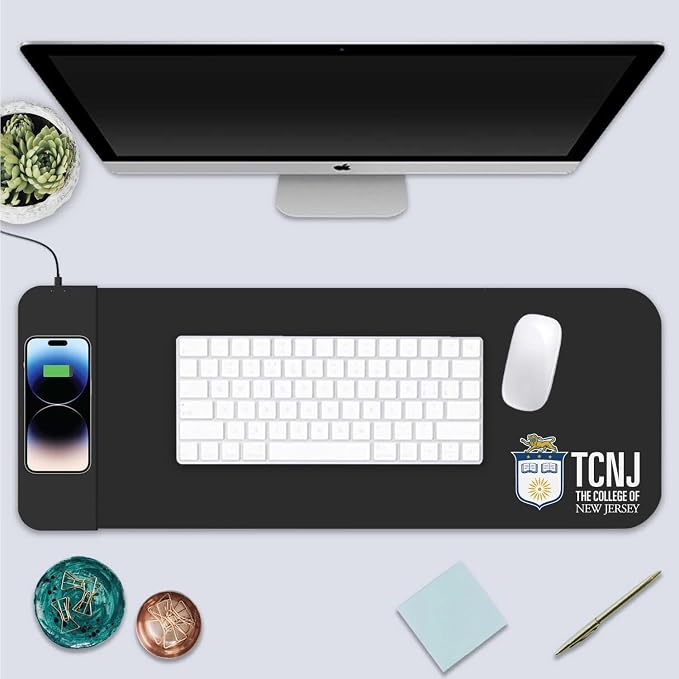 The College of New Jersey Classic Wireless Charging Cloth Desk Mat, Durable Office Supplies, Non-Slip Base, Quick Charging Wireless Desk Pad, Black