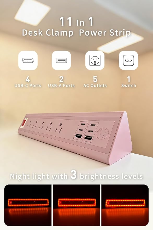 Desk Clamp Power Strip with Nightlight, 40W Fast Charging, 6FT Extension Cord, 4x20W USB-C & 2 USB Ports, 5 AC Outlets, Fits 1.69-Inch Table Edges