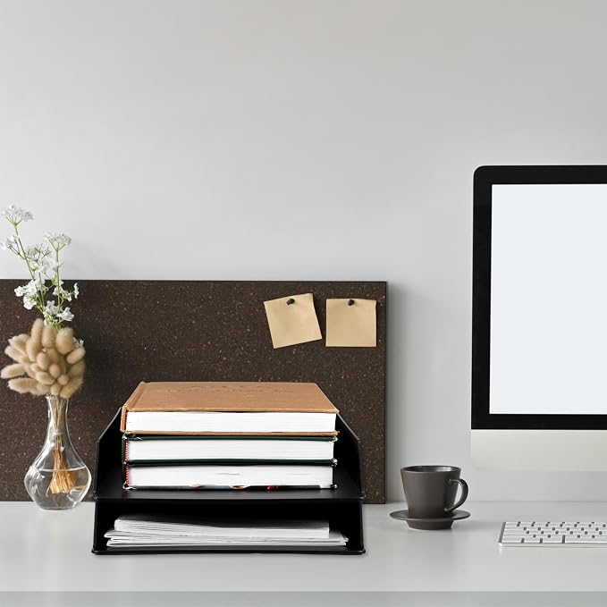 2 Pcs Stackable Paper Trays Rectangular Plastic Desk Holder Desktop Document File Organizer Storage Letter for Office Classroom (Black)