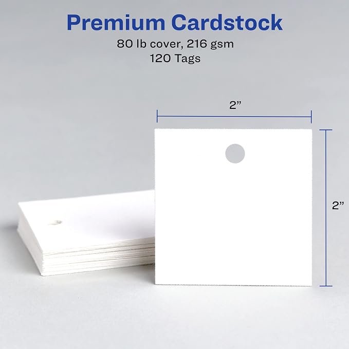 Avery® Square Tags, Sure Feed® Technology, 2" x 2", Matte White, Strings Included, 120 Total, Print-to-the-Edge, Laser/Inkjet Printable (80513)