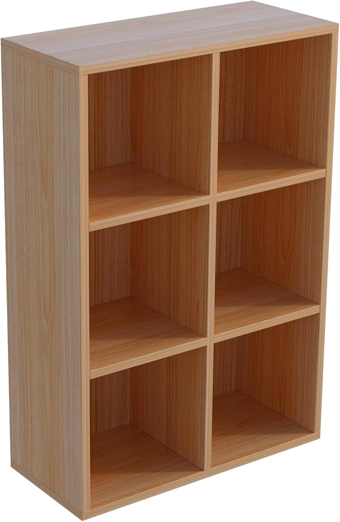 6-Cube Storage Shelf Bookcase, Oak | Wooden 3-Tier Open Bookshelf, Fits 11×11" Bins, Vertical or Horizontal Use, Full Back Panels, For Home Office