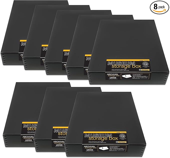 Lineco Museum Archival Storage Box, 11.75x15.25x3 in. Drop Front Design. Acid-Free with Metal Edge. Organize Photos, Pictures, Prints, Documents, Crafts, DIY. Black, 8 Pack