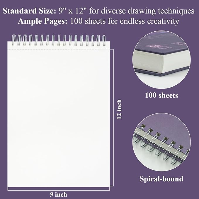 Purple Sketch Book for Women - 9"x12" Girls Sketch Book, 100 Sheets (73lb/120gsm) Drawing Paper for Kids, Art Supplies for Girls Ages 8-12, Beginners, and Adults, 1-Pack