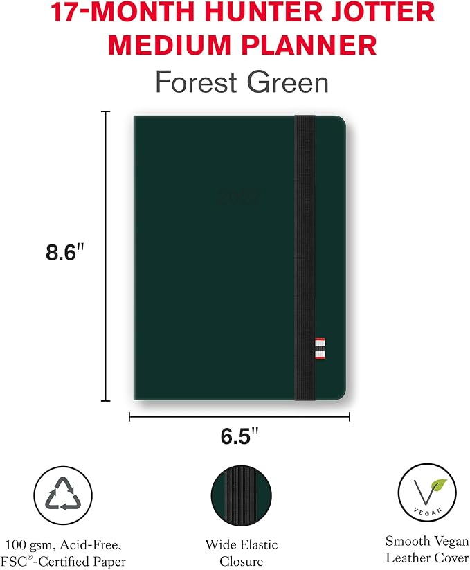 Orange Circle Studio 2027 Forest Green Hunter Jotter Medium Planner, 17-Month Weekly & Monthly Calendar Planner, 6.5" x 8.6", Dot Grid Notes, Time Zone Map, Goal Pages, Work Daily Planner Notebook