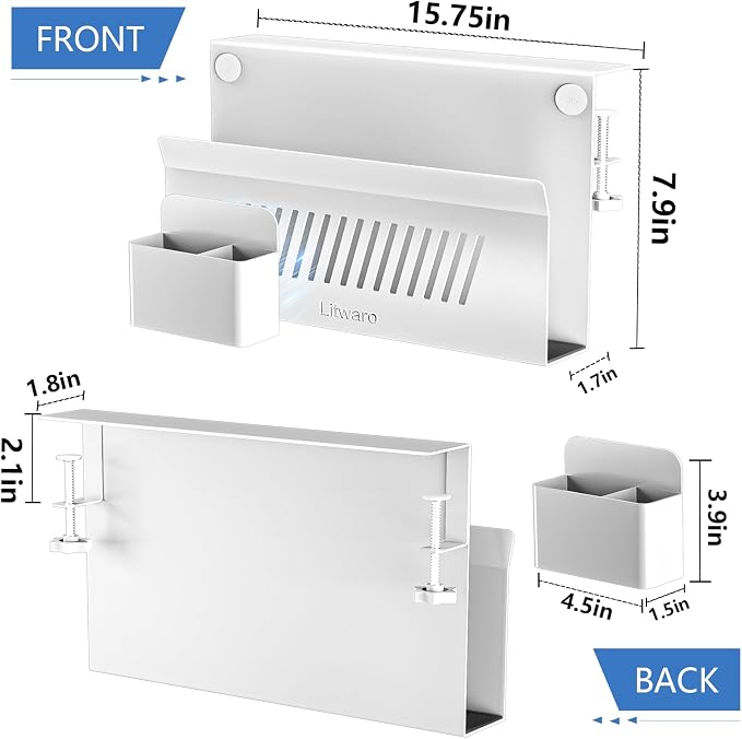 Litwaro Desk Side Storage Organizer, Under Desk Laptop Holder No Drill, Laptop Mount with Magnetic Pen Holder, Hanging Desk Organizer Fits Flat Edge Desks 0.4" to 2.1" (White)