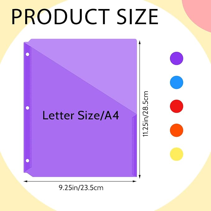 Maitys 50 Pack Binder Pockets 3 Ring, Letter Size 8.5x11,Multicolor | Clear Plastic Document Sleeves, Sheet Protectors with Slash Jacket, Fits Standard 3 Hole Binders, Organize Office Papers