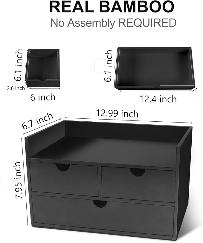 Charmewooden Bamboo Desk Organizer 3 Drawer with Shelf, Countertop Organizer with Drawers Makeup Storage Drawer 3 Drawers Tabletop Storage Organization Box Home Office Workspace（Black）