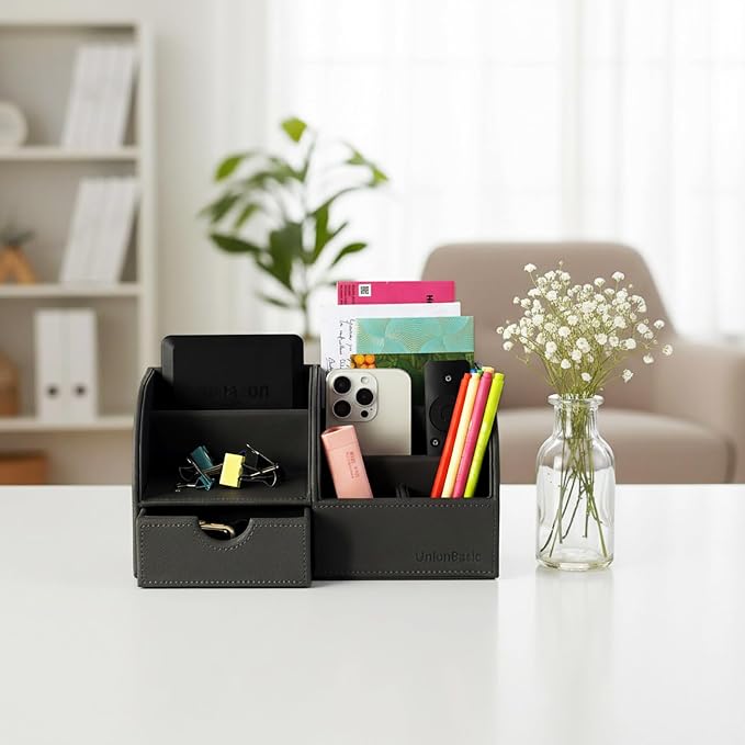 UnionBasic Desk Organizer - Multifunctional Leather Desktop Pen Holder Storage Box - Business Card/Pen/Pencil/Mobile Phone/Stationery Holder, Taiga Dark Gray