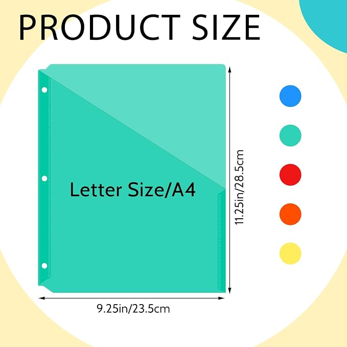 Maitys 50 Pack Binder Pockets 3 Ring, Letter Size 8.5x11,Bright Colors | Clear Plastic Document Sleeves, Sheet Protectors with Slash Jacket, Fits Standard 3 Hole Binders, Organize Office Papers