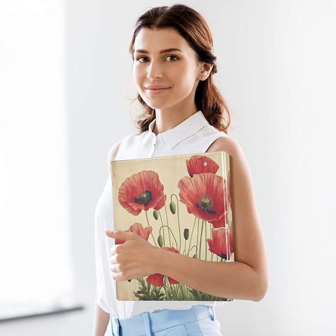 3 Ring Binder Red Poppy Flowers Vintage Poppies Floral 1.5 inch Binders Three Ring Binders with Clipboard Fit 8.5'' x 11'' Paper 3 Interior PVC Clear Pockets for Office Supplies