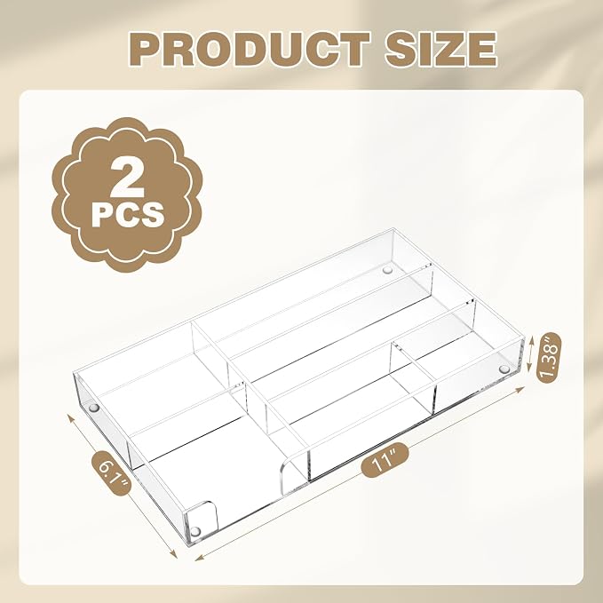 Briwooody 2 Pcs Clear Acrylic Desk Drawer Organizer 11 x 6 x 1.38 Inch Drawer Organizer Trays with 4 Compartments Desk Accessories for Office Makeup Silverware Bathroom