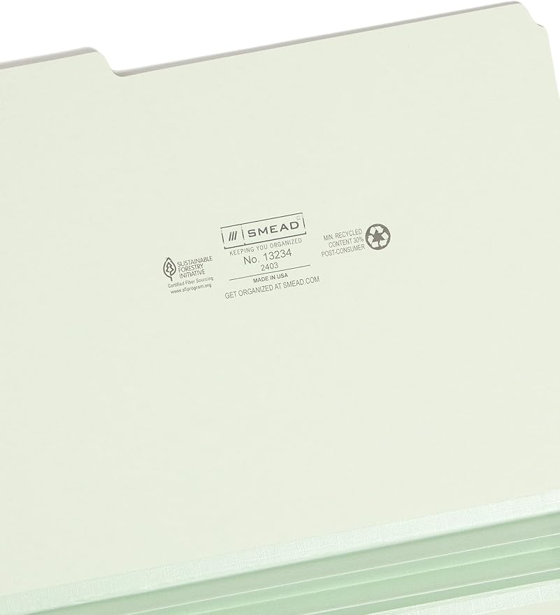 Smead Pressboard File Folder, 1/3-Cut Tab, 2" Expansion, Letter Size, Gray/Green, 25 per Box (13234)