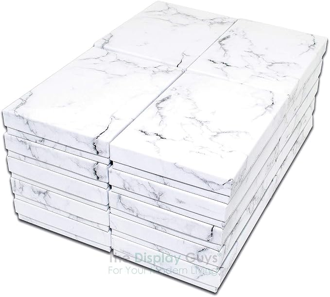 TheDisplayGuys 25 Cardboard Jewelry Gift Boxes with Inserts - Marble White | Size #65 - 6.2" x 5.2" x 1.1", Lids, Cotton Filled Padding, Kraft Paper, Bulk Pack Case, for Shipping, Organizers, Storage