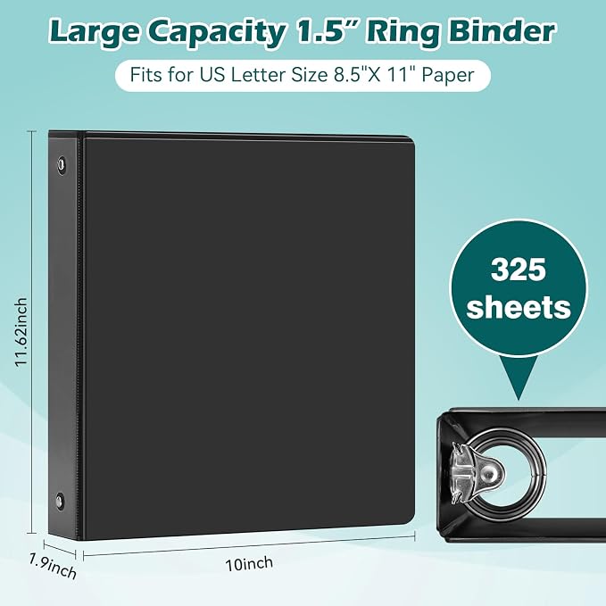 Heture 3 Ring Binder 1.5 Inch 6 Pack, 1-1/2" Clear View with Round Rings, PVC-Free,Holds for 325 Sheets 8.5X 11 US Letter Size Paper, Durable Black Perfect for Office,School and Home
