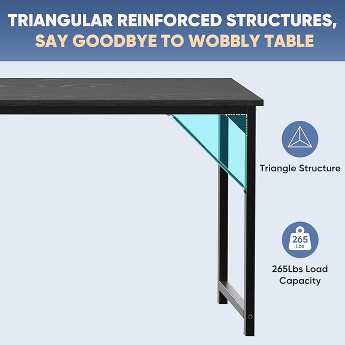 DUMOS 63 Inch Small Computer Desk, Gaming Desks for Home Office Bedroom | Modern Study Writing Work Table, Craft PC Desk Simple Workstation with Reinforcement Structure, Black