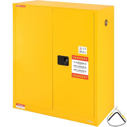 VEVOR Flammable Cabinet 18" x 43" x 50", Cold-Rolled Steel Flammable Liquid Storage Cabinet 34 Gal with 2 Adjustable Shelves/2 Manual Closing Doors for Industrial Use, Yellow | For Industrial Use, Cold-Rolled Steel, 34 Gal, with 2 Adjustable Shelves, 2...