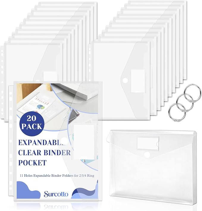 20 Pack Clear Expandable Binder Pockets, 11 Holes Plastic File Divider Folders, Compatible with 2/3/4 Ring Binders for Home Office