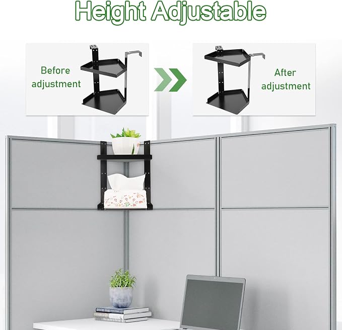 Office Cubicle Shelf, Double Layer Cubicle Storage with Adjustable Hooks | Shelf Organizer Accessories, Height Adjustable Hanging Corner Shelf Store for Plant, Book, Photo Frames, Paper Towel, Black