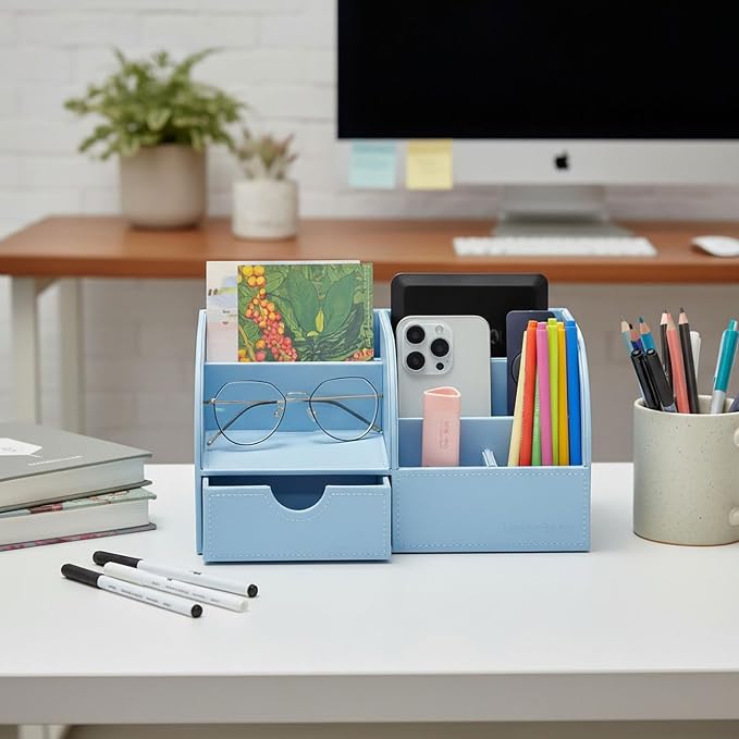UnionBasic Desk Organizer - Multifunctional Leather Desktop Pen Holder Storage Box - Business Card/Pen/Pencil/Mobile Phone/Stationery Holder, Blue