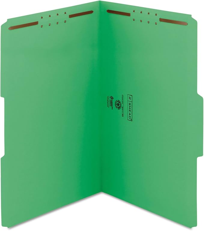 Smead Fastener File Folder, 2 Fasteners, Reinforced 1/3-Cut Tab, Legal Size, Green, 50 per Box (17140) (Pack of 1)