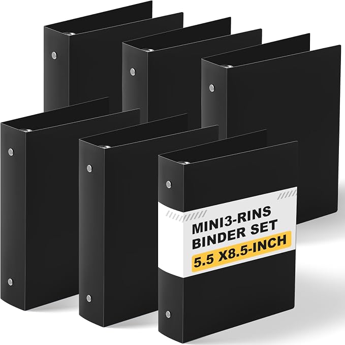 Henoyso 2 Inch 6 Pack Mini 3 Ring Binders for 5.5"x8.5" Paper,Black | Holds 375 Sheets, Plastic Small Binders, Round Three Rings, Flexible PP Covers, School Office, Photo Album Planner Journal