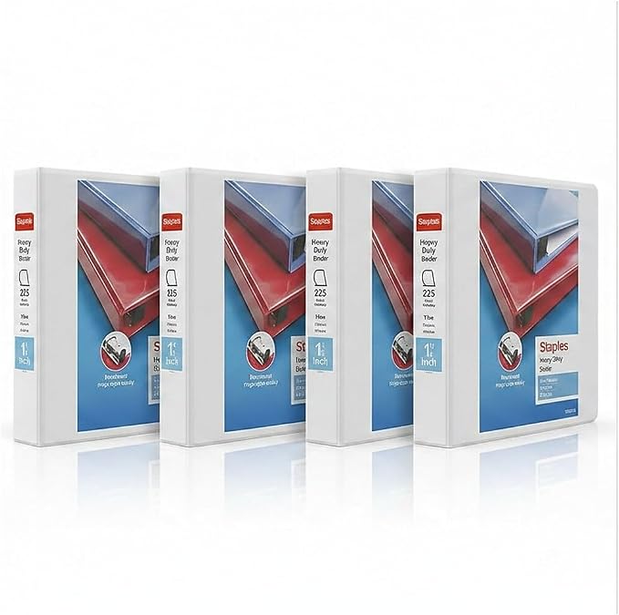 Staples Heavy Duty 1 1/2" 3-Ring View Binder, D-Ring, White, 4/Pack