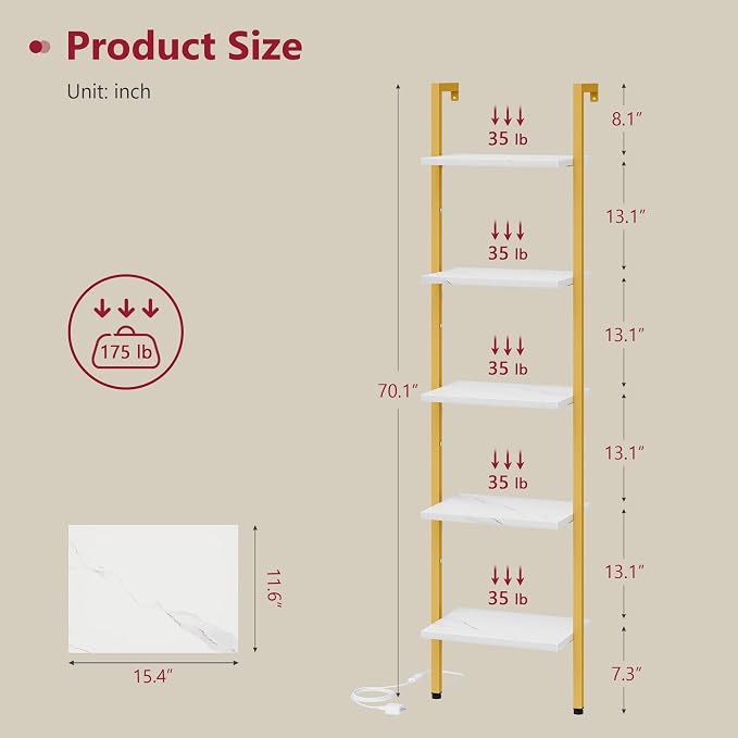 5 Tier Ladder Shelf with Light, Wall Ladder Book Shelf Gold & White | Wooden Ladder Shelf with Metal Frame, Leaning Ladder Shelf Narrow Ladder Bookshelf for Living Room, Bedroom, Office
