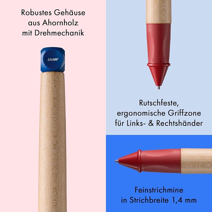 LAMY abc red - child-friendly Mechanical Pencil for writing beginners with ergonomic grip & robust maple wood - including LAMY M 44 fine line refill 1.4 mm