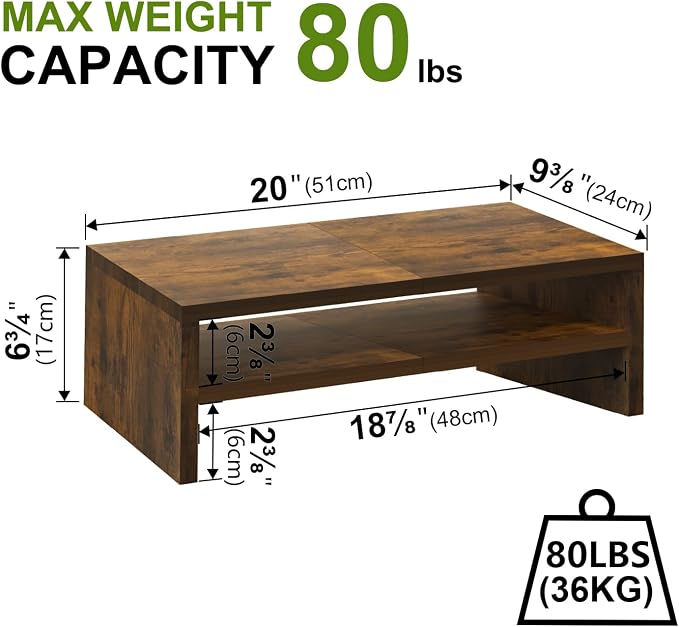 TEAMIX 20 inch Monitor Riser Stand - 2 Tiers, Wood Rustic Desktop Bookshelf | Laptop/PC/Printer/Keyboard Storage, Ergonomic Design, 15mm thick Sturdy Wood Boards, TV Stand, Home Office Desk Accessories