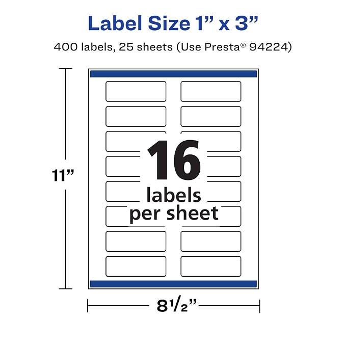Avery Matte White Removable Rectangle Labels, Sure Feed Technology, Print-to-The-Edge, 1" x 3", 400 Removable Labels, Laser/Inkjet Printable