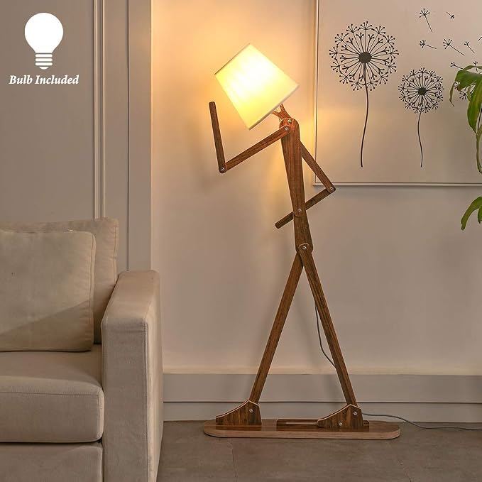 Unique Tall Reading Wood Floor Lamp, LED Bulb Included, Teak | Cool Decorative Corner, Rustic Swing Arm Standing Lighting for Kids Bedroom, Living Room, Dorm, Office, Farmhouse