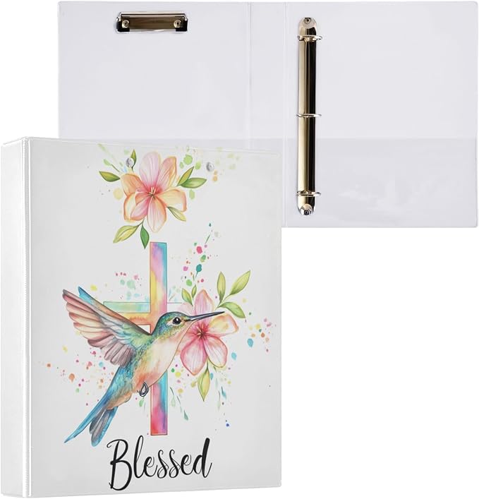 Blessed Quote Hummingbird Floral Cross Binder 3 Ring 1.5 Inch Binder with Clipboard&Pockets, Hardcover Binders Heavy Duty Large File Folder for Office School Supplies - Holds 200 Sheets