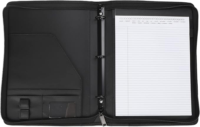 Zippered Portfolio Binder 3 Ring with Writing Pad Legal Size Letter - PU Leather Professional Padfolio Folder for Interview Business, Black