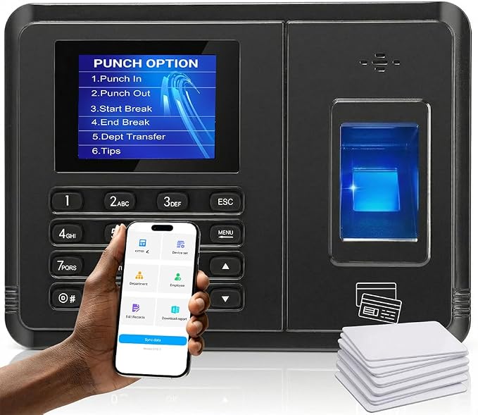 Time Clock System: App Control & 5s Fast Connection, Customizable Rules & 4 Payroll Reports, 10 IC Cards, No Monthly Fee Biometric Fingerprint Time Clocks for Employees Small Business