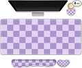 Large Gaming Mouse Pad Set, 4 in1 Ergonomics Keyboard Desk Mat with Memory Foam Wrist Rest, Extended Game Mousepad, Non-Slip Desk Pad Matt Easy Typing Pain Relief I Light Purple Checkered