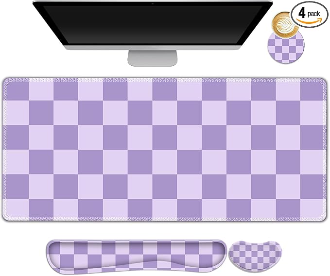 Large Gaming Mouse Pad Set, 4 in1 Ergonomics Keyboard Desk Mat with Memory Foam Wrist Rest, Extended Game Mousepad, Non-Slip Desk Pad Matt Easy Typing Pain Relief I Light Purple Checkered
