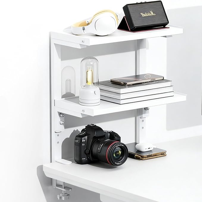 Spacrea Clamp on Desk Shelf, 2 Tier Office Desk Shelves Organizer, Wood Desktop Supplies Storage Rack, Desk Organizers and Accessories (White)