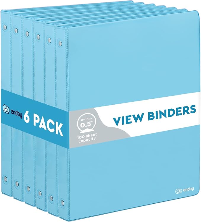 Enday 1/2 inch Binder 3 Ring Binder (6 Pack - Blue) O-Ring Binder with Clear View Cover and 2 Inside Pocket - for Letter Size 8.5 x 11'' Paper, Ideal for School Supplies, Office, and Home