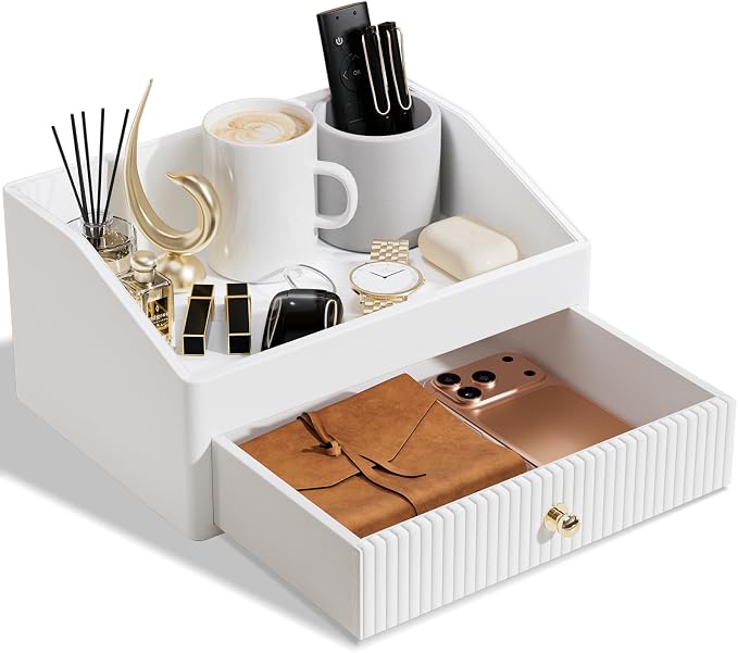 LADSTAG Office Desk Accessories,Beige White Vegan Leather Office Organizer with 1 Drawer & Tray,Pen Holder with Gold-Tone Metal Accents Knob for End Tables,Bedside Table,Bedroom.