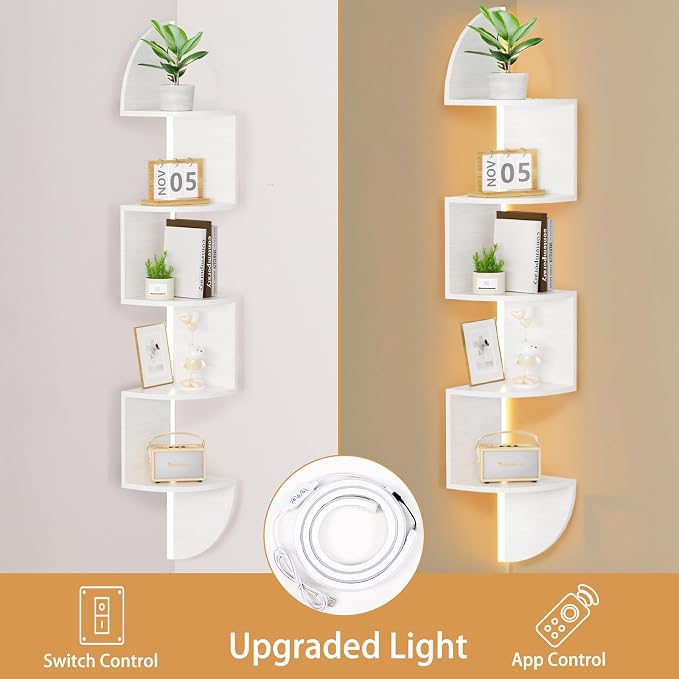 Corner Shelf, 5 Tier Bookshelf with LED Light, Corner Shelf Wall Mounted, Floating Shelves for Wall, Display Stand for Bedroom, Living Room, Bathroom, Home, Office, White