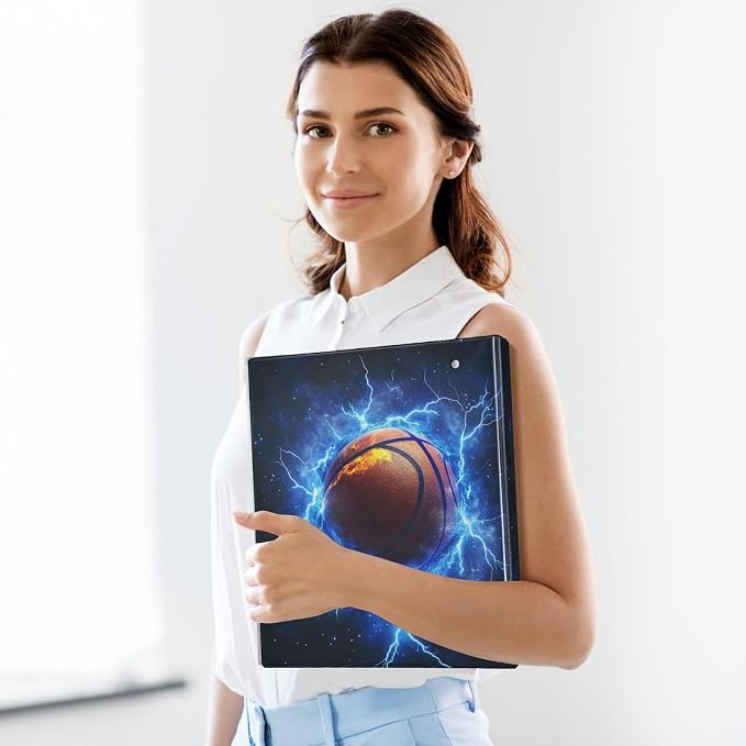 3 Ring Binders Lightning Basketball 1.5 Inch Round Ring Binders with Pockets Decorative Clipboard Binder Holds 200 Sheets View Binder for Home School Office,2 Pack