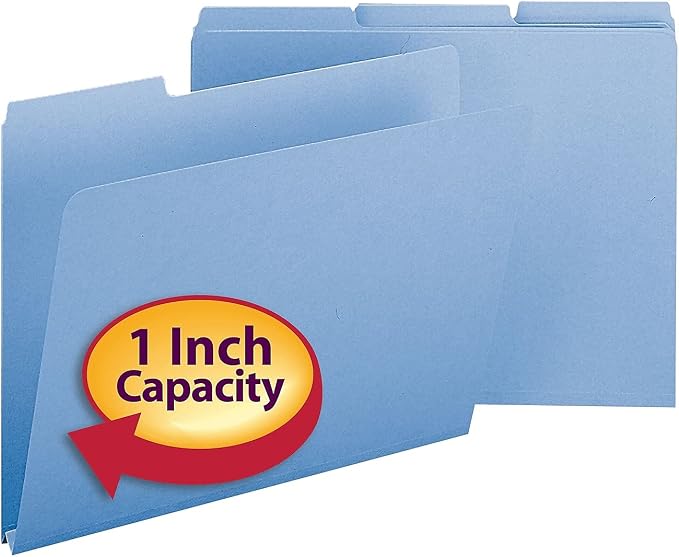 Smead Pressboard File Folder, 1/3-Cut Tab, 1" Expansion, Letter Size, Blue, 25 per Box (21530)
