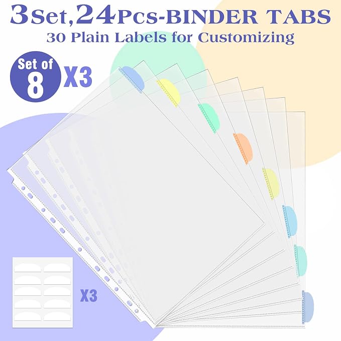 Binder Dividers & Sheet Protectors for 2/3/4 Ring Binder - 3 Sets of 24 Pack A4 Plastic Sleeves with 8 Tab Binder Sleeves, Clear Page Protectors for School, Home & Office Organization