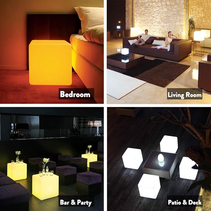 Mr.Go 14-Inch Color Changing LED Cube Light Stool, Glow Cube Seat for Kids | Modern LED Light Side Table, 16 RGB Colors Mood Lighting, Ideal for Home Garden Patio Bar Pool Party Decorative Lighting