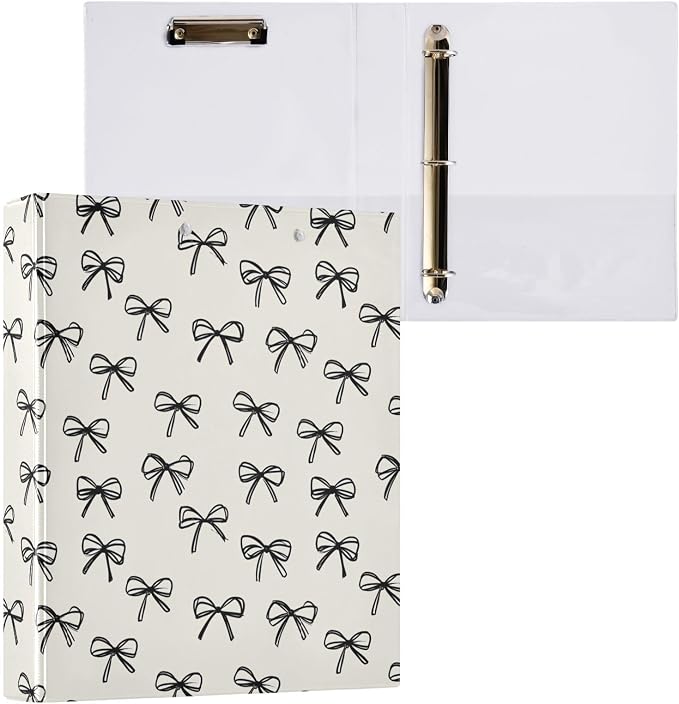 Black Bow Pattern 3 Ring Binder 1.5 Inch 1 Pack with 200 Sheet for Kids School Supplies Women Men Office