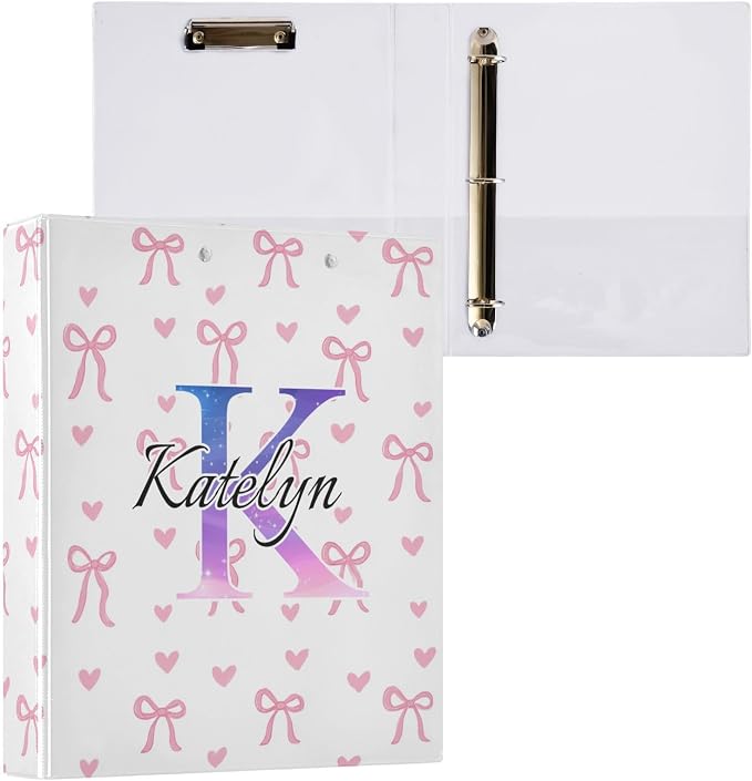 Aslsiy Customized Name 3 Ring Binder Personalized Girls Round Clipboard Binder Decorative Harcover Binders Organizer for Office Supplies
