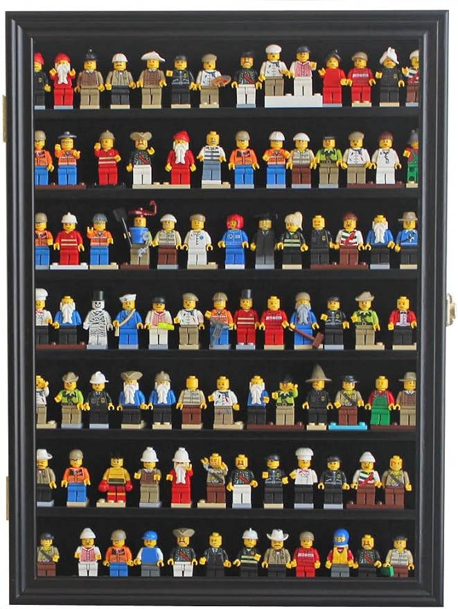 Minifigure Display Case - Building Block Toy Wall Cabinet Showcase for Small Miniature Collectibles Mini Brands Thimbles, 2.25" Shelf Height Lockable UV Protection Door (Black Finish Frame)