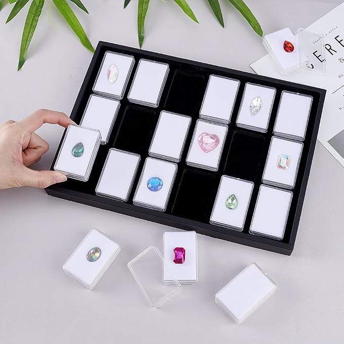 PH PandaHall 18 Gem Holder with Case, 2.2x1.4 inch Gemstone Display Box Square Gemstone Storage Box Diamond Display Case Gems Organizer with Foam for Collectibles Rhinestone Crystal Stone, White