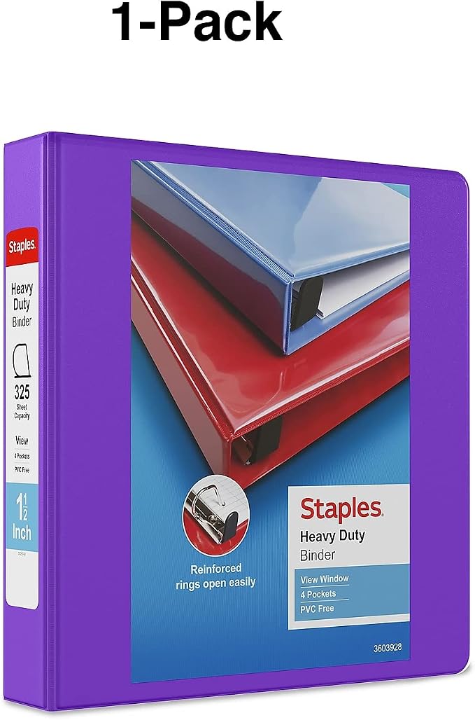Staples Heavy-Duty 1.5-Inch D-Ring View Binder, Reinforced Spine, Holds Up to 350 Sheets, Purple, for Office & School