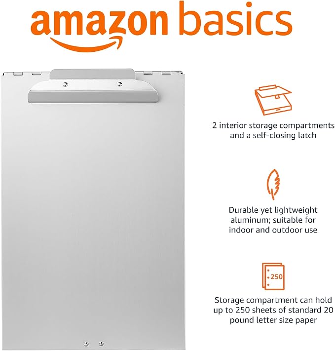 Amazon Basics Metal Clipboard with 2 Storage Compartments, Letter Size, 250 Sheet Capacity, Office Supplies with Self-Closing Latch, 14.1 x 9.2 x 2.6 inches, Silver